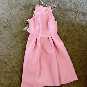high neck satin cocktail dress with pockets- Blush